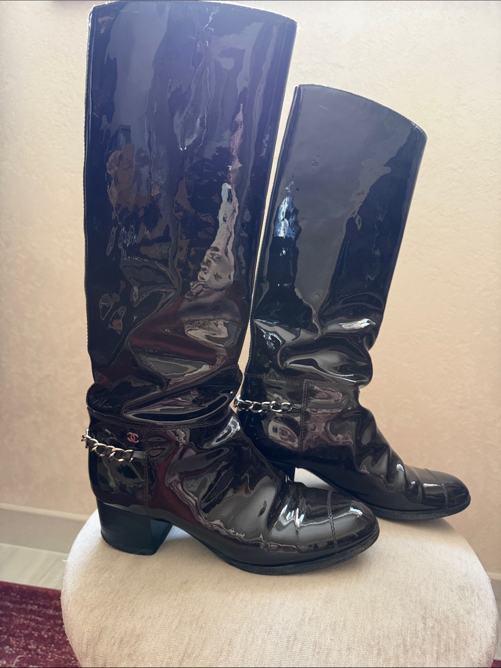 CHANEL brown Patent Leather Knee-High Boots with Chain Accent